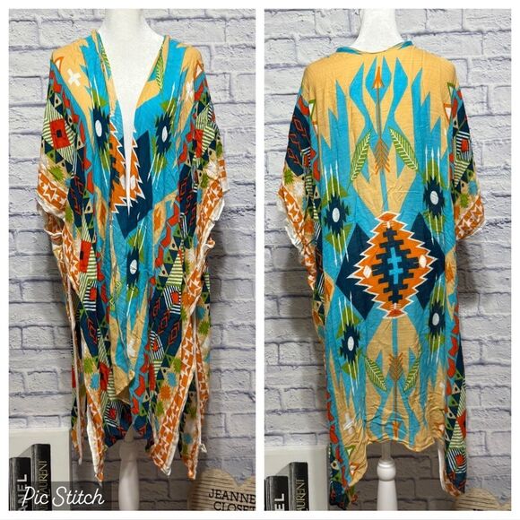 Ruggine Kimono multicolor western Aztec coverup - Picture 2 of 6